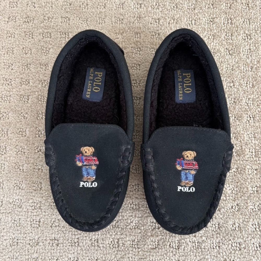 Polo Ralph Lauren Polo Bear Embroidered Moccasin Slippers Boys 13 Black Suede